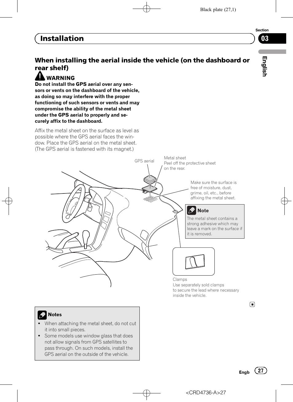 When installing the aerial inside the, Vehicle (on the dashboard or rear shelf), 03 installation | Pioneer AVIC-F50BT User Manual | Page 27 / 180