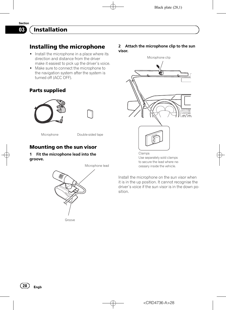 Installing the microphone, Parts supplied 28, Mounting on the sun visor 28 | 03 installation, Parts supplied, Mounting on the sun visor | Pioneer AVIC-F50BT User Manual | Page 28 / 180