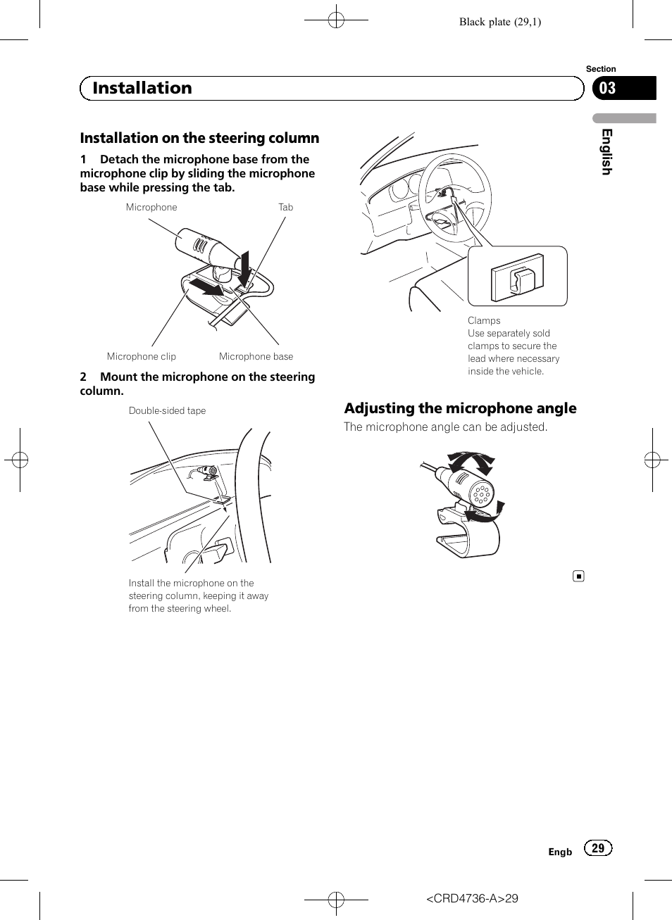 Installation on the steering column 29, Adjusting the microphone angle 29, 03 installation | Installation on the steering column, Adjusting the microphone angle | Pioneer AVIC-F50BT User Manual | Page 29 / 180