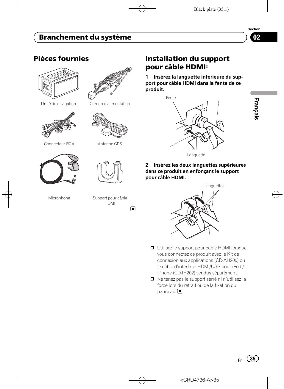 Pièces fournies, Installation du support pour câble, Hdmi | Installation du support pour câble hdmi, 02 branchement du système | Pioneer AVIC-F50BT User Manual | Page 35 / 180