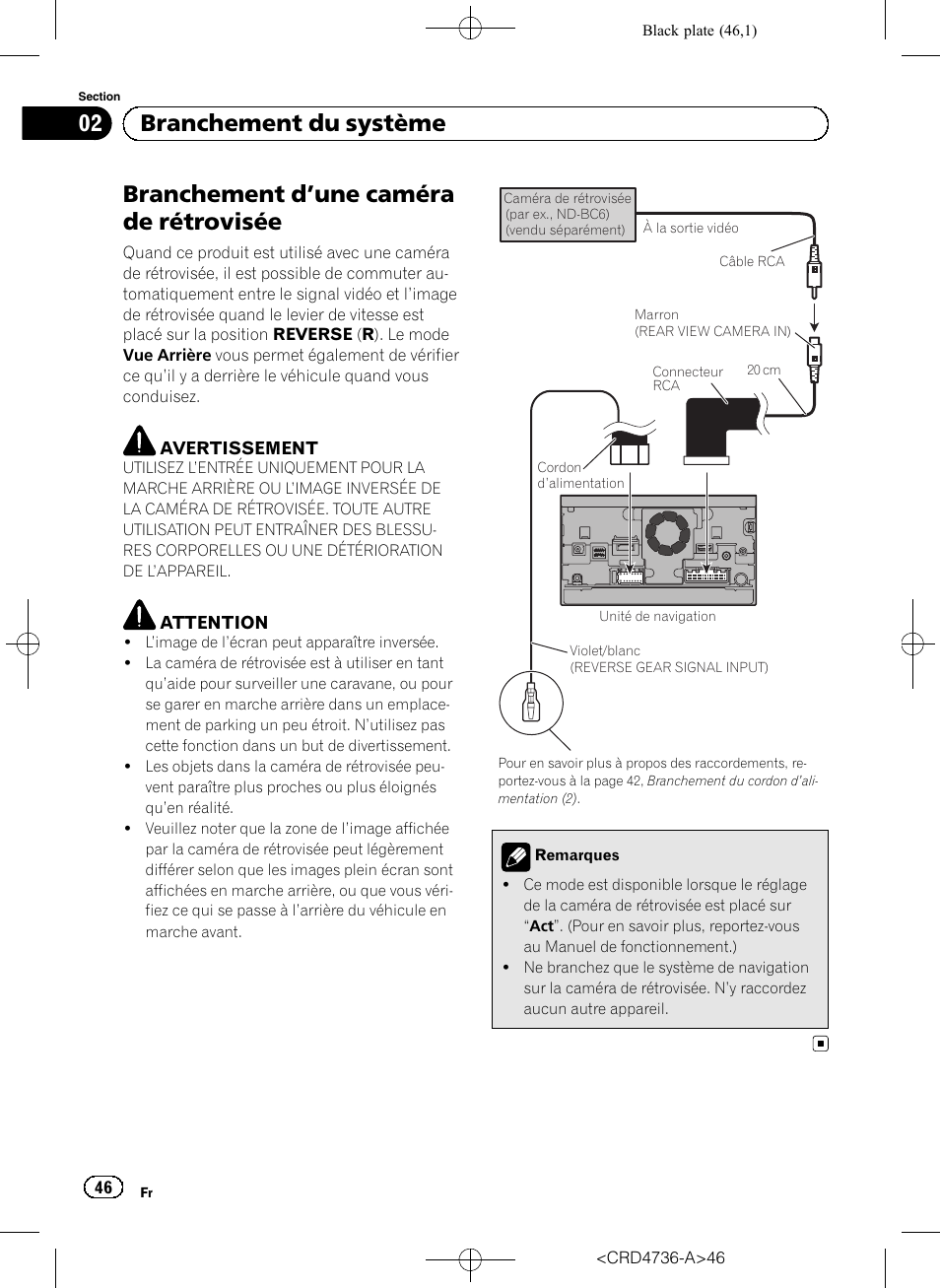 Branchement d, Une caméra de, Rétrovisée | Branchement d ’une caméra de rétrovisée, 02 branchement du système | Pioneer AVIC-F50BT User Manual | Page 46 / 180