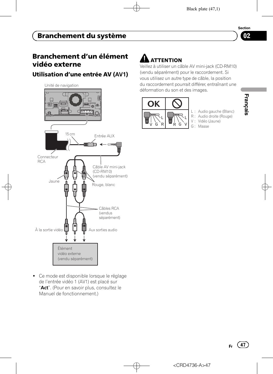 Branchement d, Un élément vidéo, Externe | Utilisation d’une entrée av (av1) 47, Branchement d ’un élément vidéo externe, 02 branchement du système, Utilisation d ’une entrée av (av1) | Pioneer AVIC-F50BT User Manual | Page 47 / 180