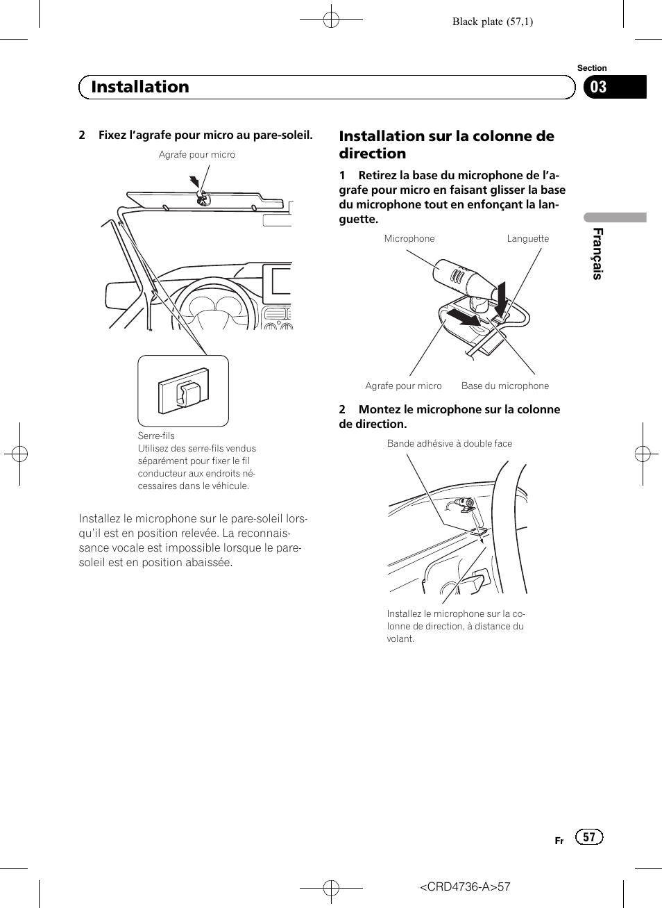 Installation sur la colonne de, Direction, 03 installation | Installation sur la colonne de direction | Pioneer AVIC-F50BT User Manual | Page 57 / 180