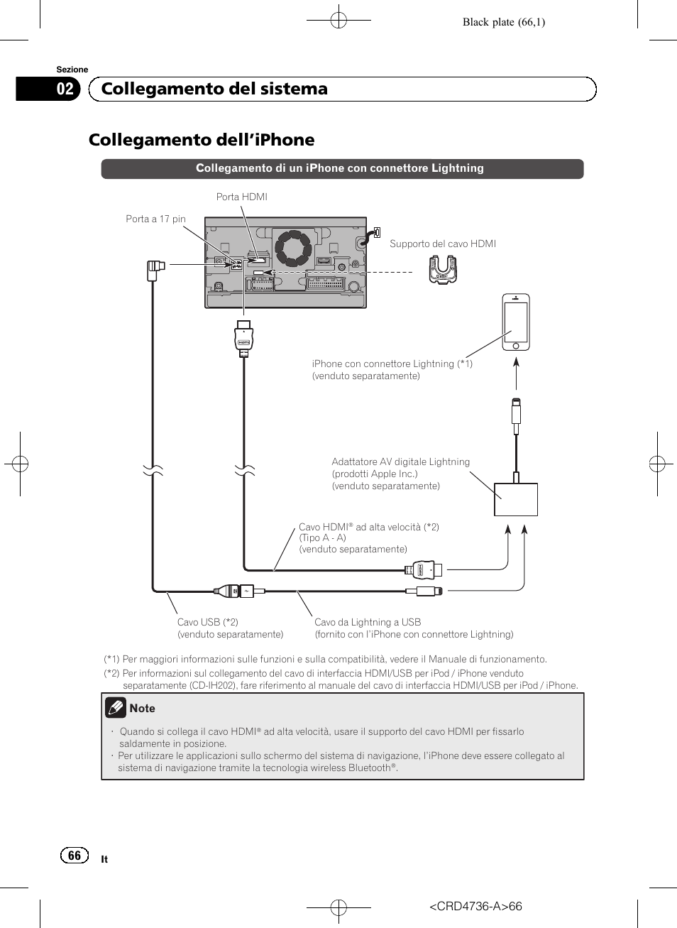 Collegamento dell, Iphone 66, Collegamento dell ’iphone | 02 collegamento del sistema | Pioneer AVIC-F50BT User Manual | Page 66 / 180