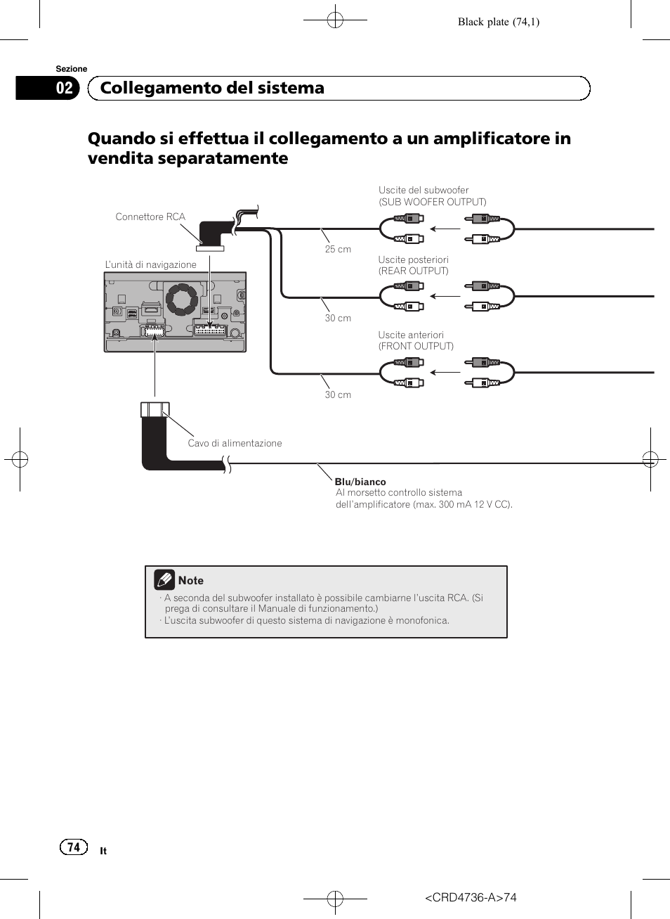Quando si effettua il collegamento a un, Amplificatore in vendita separatamente, 02 collegamento del sistema | Pioneer AVIC-F50BT User Manual | Page 74 / 180