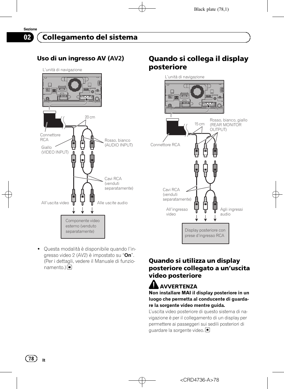 Uso di un ingresso av (av2) 78, Quando si collega il display posteriore, Quando si utilizza un display posteriore | Collegato a un, Uscita video, Posteriore, 02 collegamento del sistema, Uso di un ingresso av (av2) | Pioneer AVIC-F50BT User Manual | Page 78 / 180