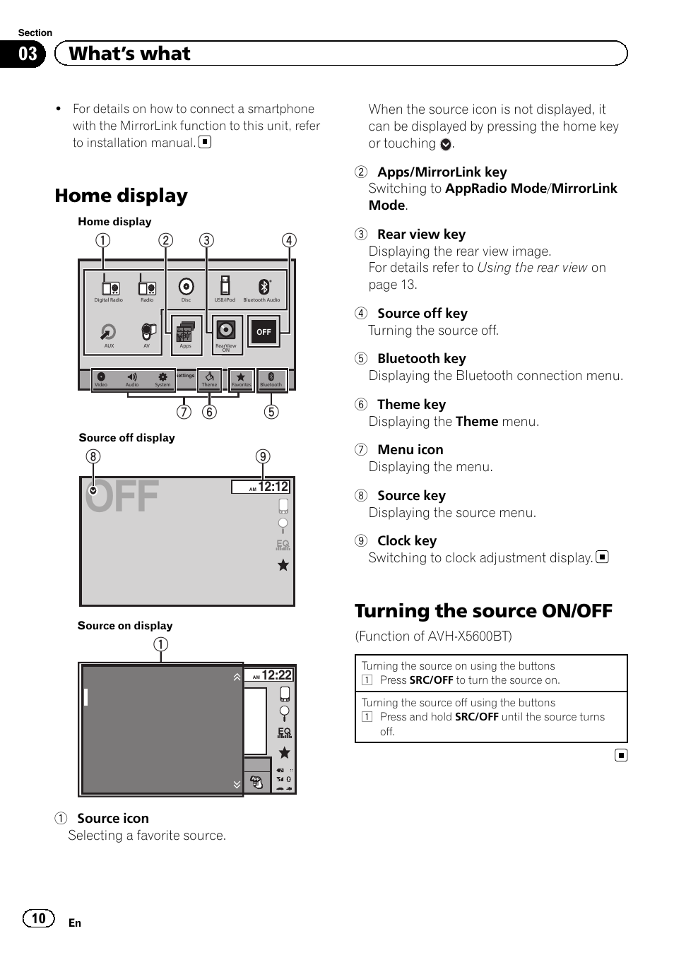 Home display, Turning the source on/off, Digital radio radio disc ipod bluetooth audio aux | 03 what ’s what | Pioneer AVH-X2600BT User Manual | Page 10 / 100