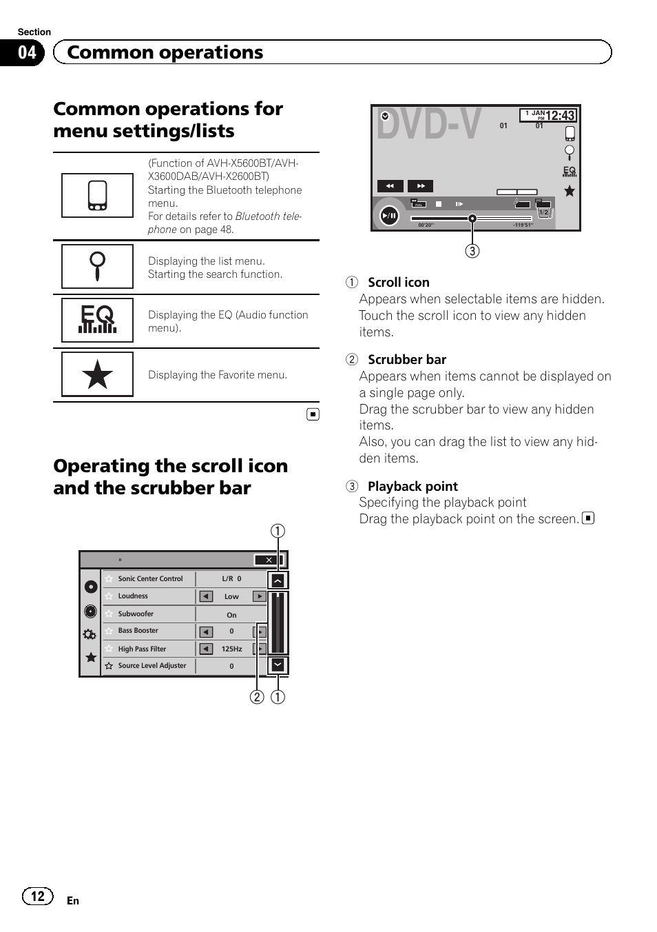 Lists, Operating the scroll icon and the scrubber, Dvd-v | Common operations for menu settings/lists, Operating the scroll icon and the scrubber bar, 04 common operations | Pioneer AVH-X2600BT User Manual | Page 12 / 100