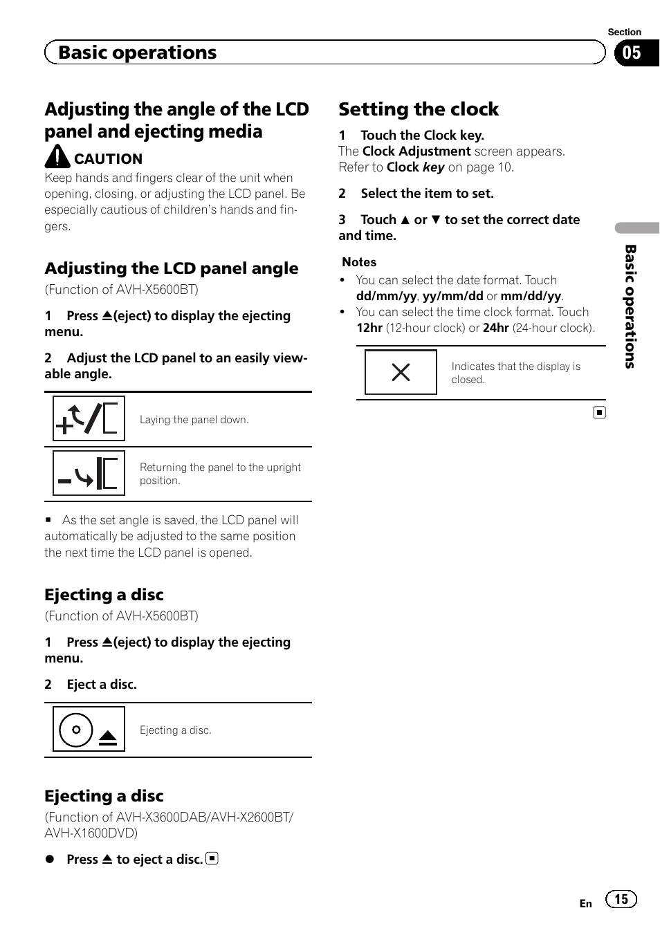 Ejecting media, Setting the clock, Basic operations | Adjusting the lcd panel angle, Ejecting a disc | Pioneer AVH-X2600BT User Manual | Page 15 / 100