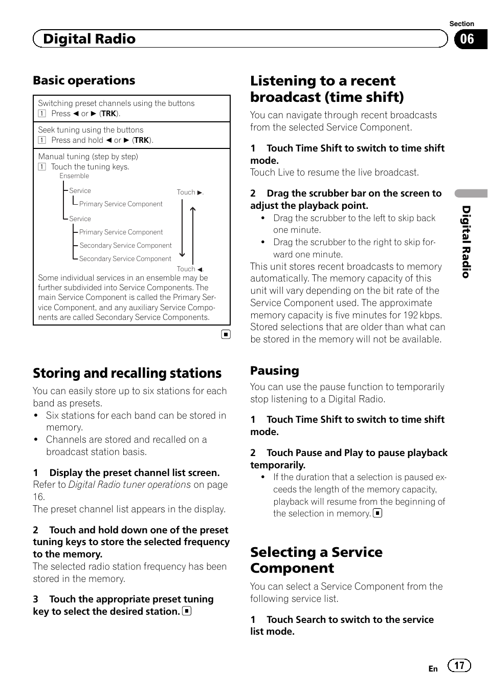 Storing and recalling stations, Listening to a recent broadcast (time, Shift) | Selecting a service component, Listening to a recent broadcast (time shift), Digital radio, Basic operations, Pausing | Pioneer AVH-X2600BT User Manual | Page 17 / 100