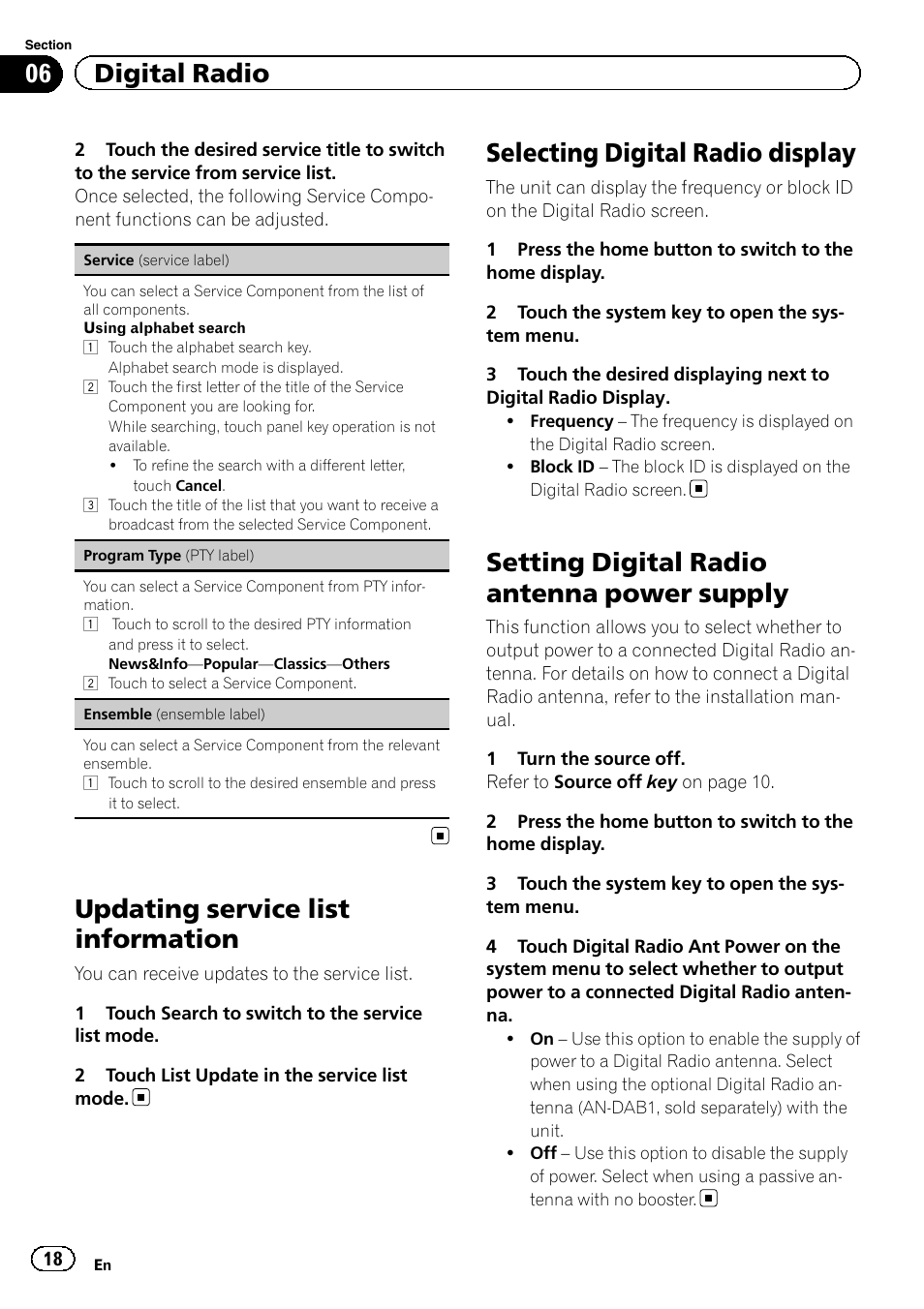 Updating service list information, Selecting digital radio display, Setting digital radio antenna power | Supply, Setting digital radio antenna power supply, 06 digital radio | Pioneer AVH-X2600BT User Manual | Page 18 / 100