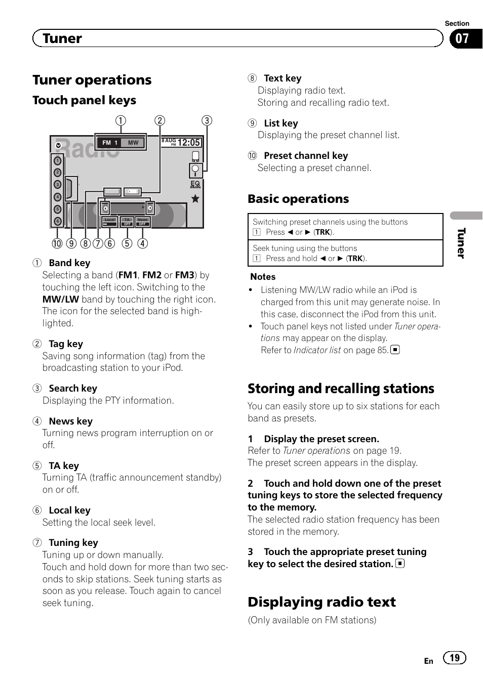 Tuner tuner operations, Storing and recalling stations, Displaying radio text | Radio, Tuner operations, Touch panel keys, Basic operations, Tuner | Pioneer AVH-X2600BT User Manual | Page 19 / 100