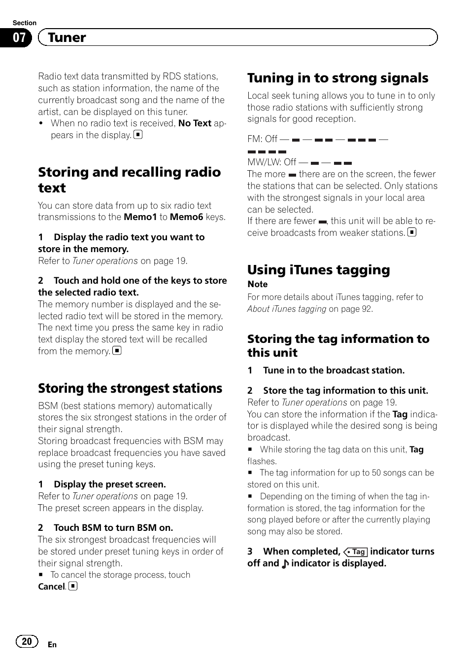 Storing and recalling radio text, Storing the strongest stations, Tuning in to strong signals | Using itunes tagging, 07 tuner | Pioneer AVH-X2600BT User Manual | Page 20 / 100