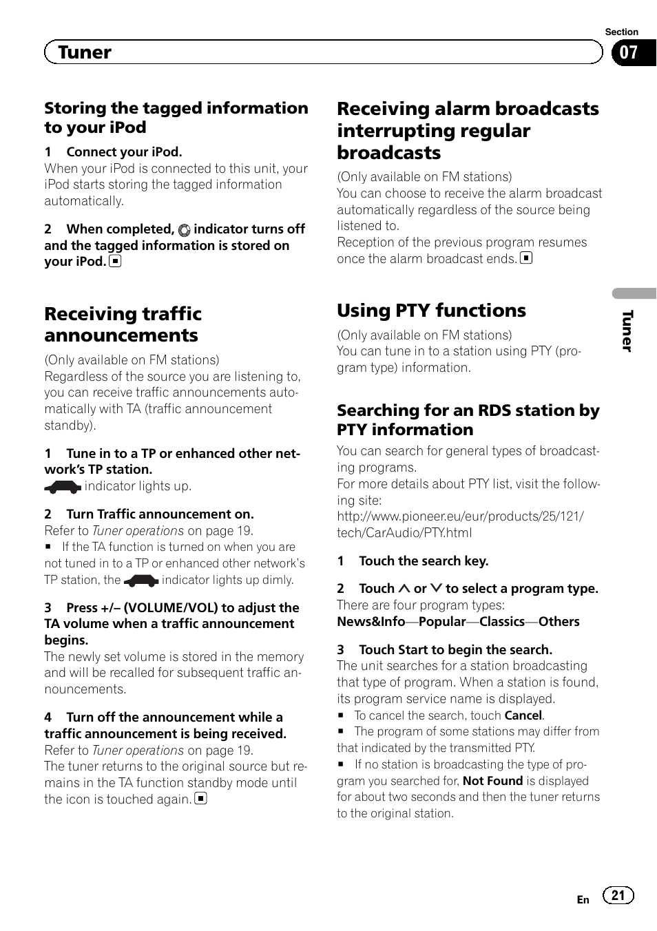 Receiving traffic announcements, Receiving alarm broadcasts interrupting, Regular broadcasts | Using pty functions, Tuner | Pioneer AVH-X2600BT User Manual | Page 21 / 100