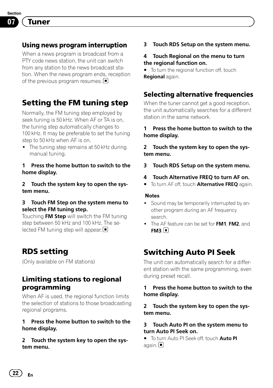 Setting the fm tuning step, Rds setting, Switching auto pi seek | 07 tuner, Using news program interruption, Limiting stations to regional programming, Selecting alternative frequencies | Pioneer AVH-X2600BT User Manual | Page 22 / 100