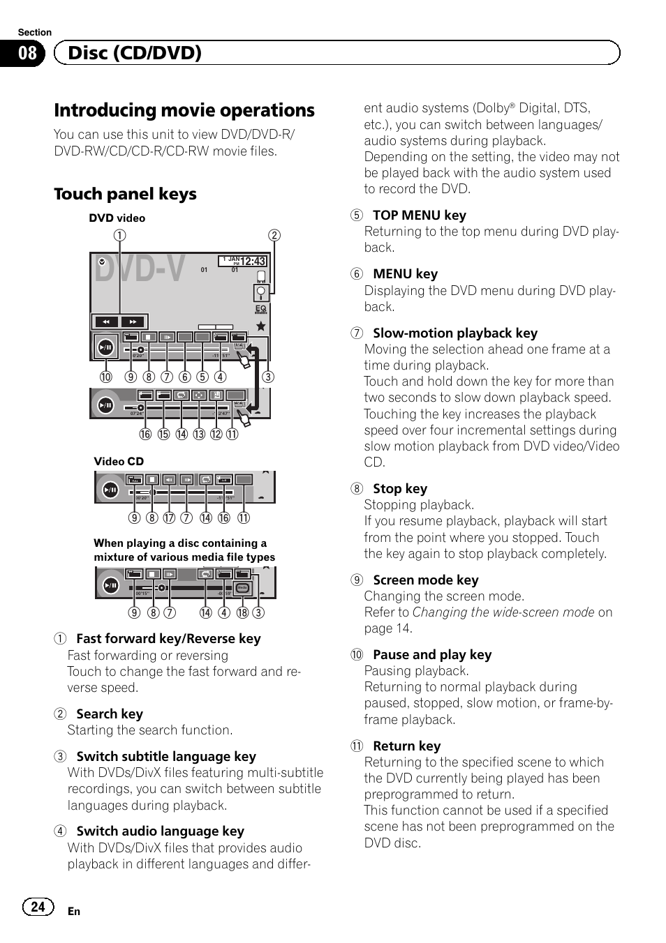 Disc (cd/dvd) introducing movie operations, Dvd-v, Introducing movie operations | 08 disc (cd/dvd), Touch panel keys, 9 8 h 7 e g b | Pioneer AVH-X2600BT User Manual | Page 24 / 100