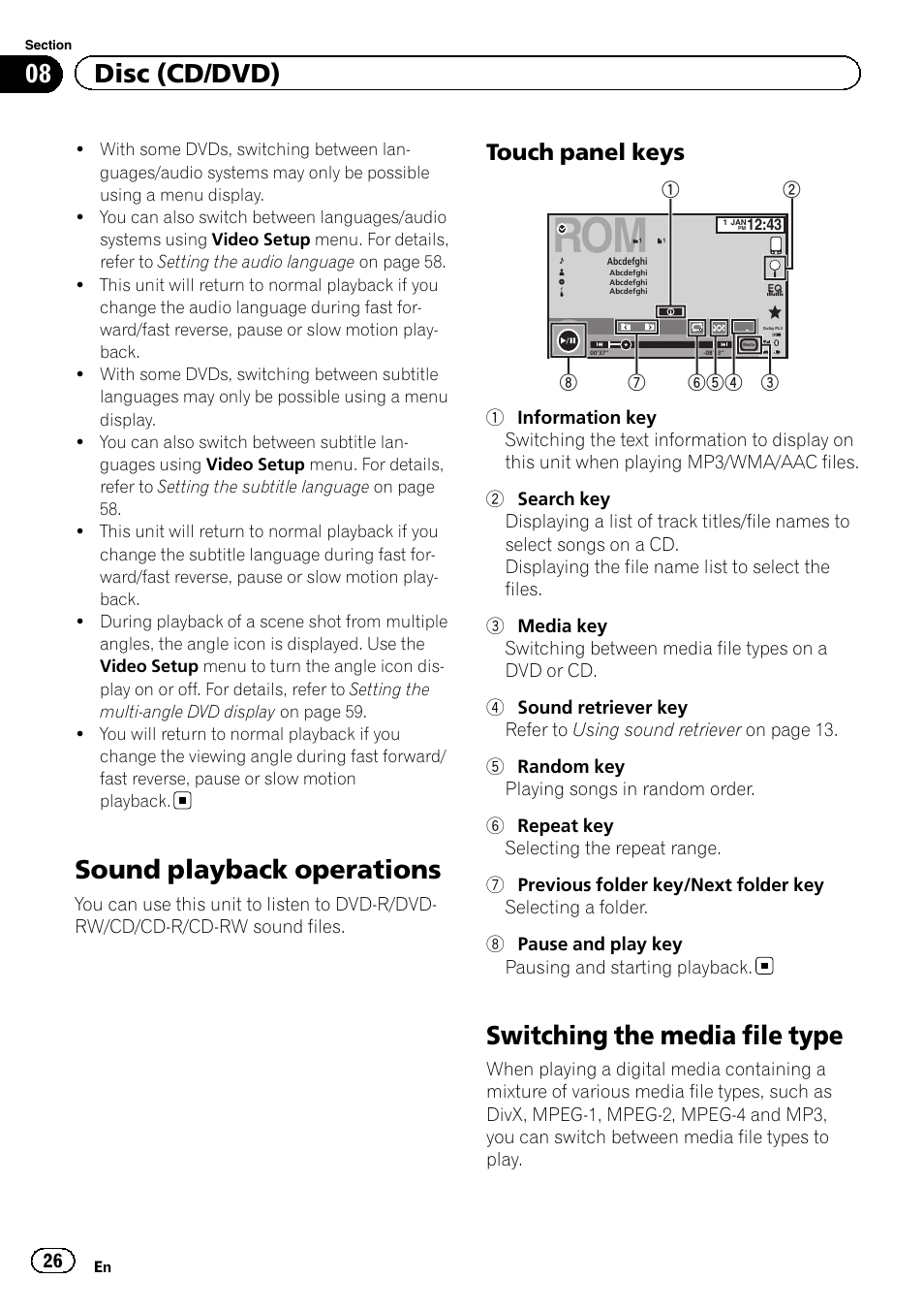 Sound playback operations, Switching the media file type, 08 disc (cd/dvd) | Touch panel keys | Pioneer AVH-X2600BT User Manual | Page 26 / 100