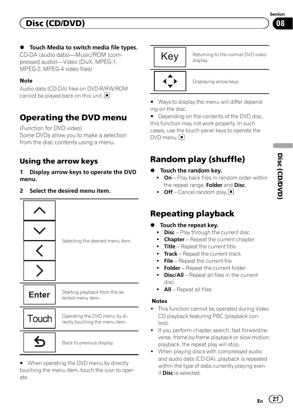 Operating the dvd menu, Random play (shuffle), Repeating playback | Disc (cd/dvd), Using the arrow keys | Pioneer AVH-X2600BT User Manual | Page 27 / 100