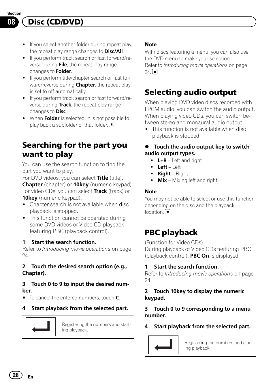 Searching for the part you want to play, Selecting audio output, Pbc playback | 08 disc (cd/dvd) | Pioneer AVH-X2600BT User Manual | Page 28 / 100