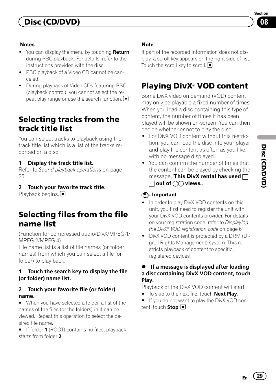 Selecting tracks from the track title list, Selecting files from the file name list, Playing divx | Â vod content 29, Vod content, Disc (cd/dvd) | Pioneer AVH-X2600BT User Manual | Page 29 / 100
