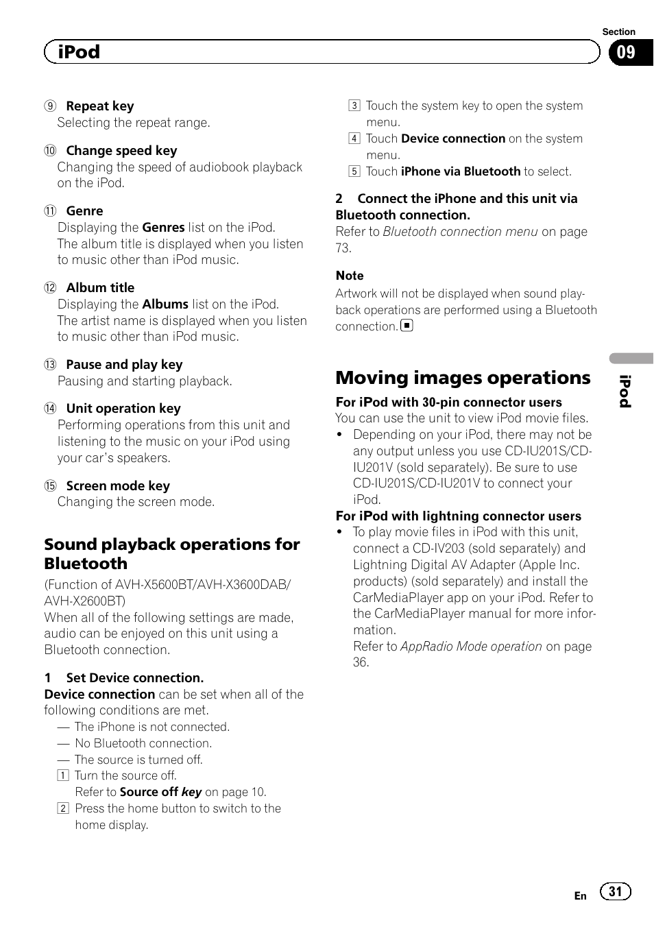 Moving images operations, Ipod, Sound playback operations for bluetooth | Pioneer AVH-X2600BT User Manual | Page 31 / 100