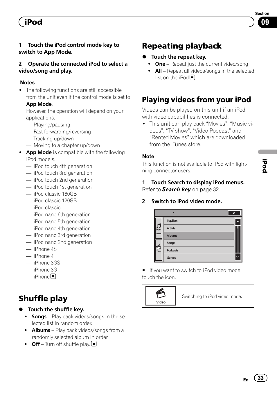 Shuffle play, Repeating playback, Playing videos from your ipod | Ipod | Pioneer AVH-X2600BT User Manual | Page 33 / 100