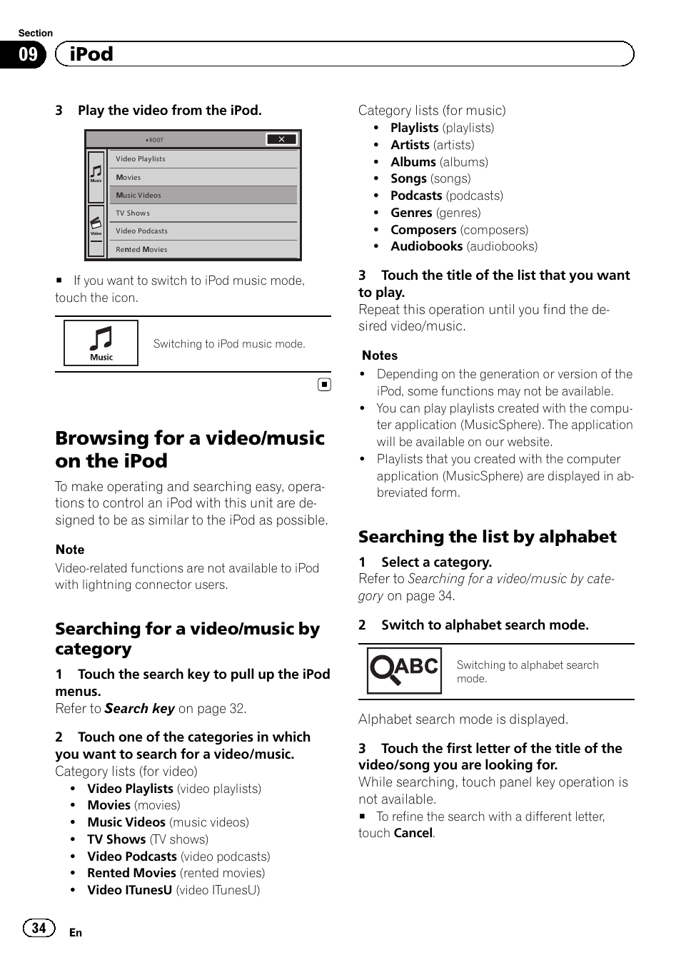 Browsing for a video/music on the ipod, 09 ipod, Searching for a video/music by category | Searching the list by alphabet | Pioneer AVH-X2600BT User Manual | Page 34 / 100