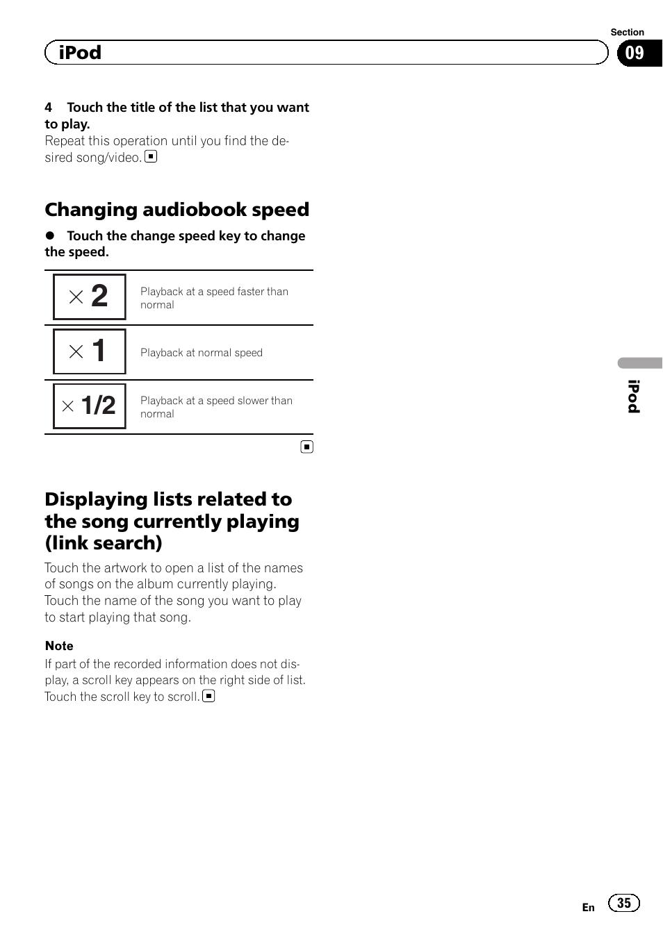 Changing audiobook speed, Displaying lists related to the song currently, Playing (link search) | Ipod | Pioneer AVH-X2600BT User Manual | Page 35 / 100