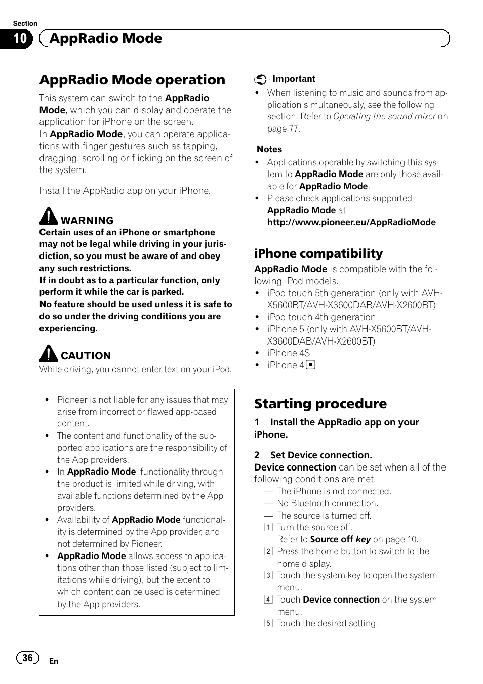 Appradio mode appradio mode operation, Starting procedure, Appradio mode operation | 10 appradio mode, Iphone compatibility | Pioneer AVH-X2600BT User Manual | Page 36 / 100