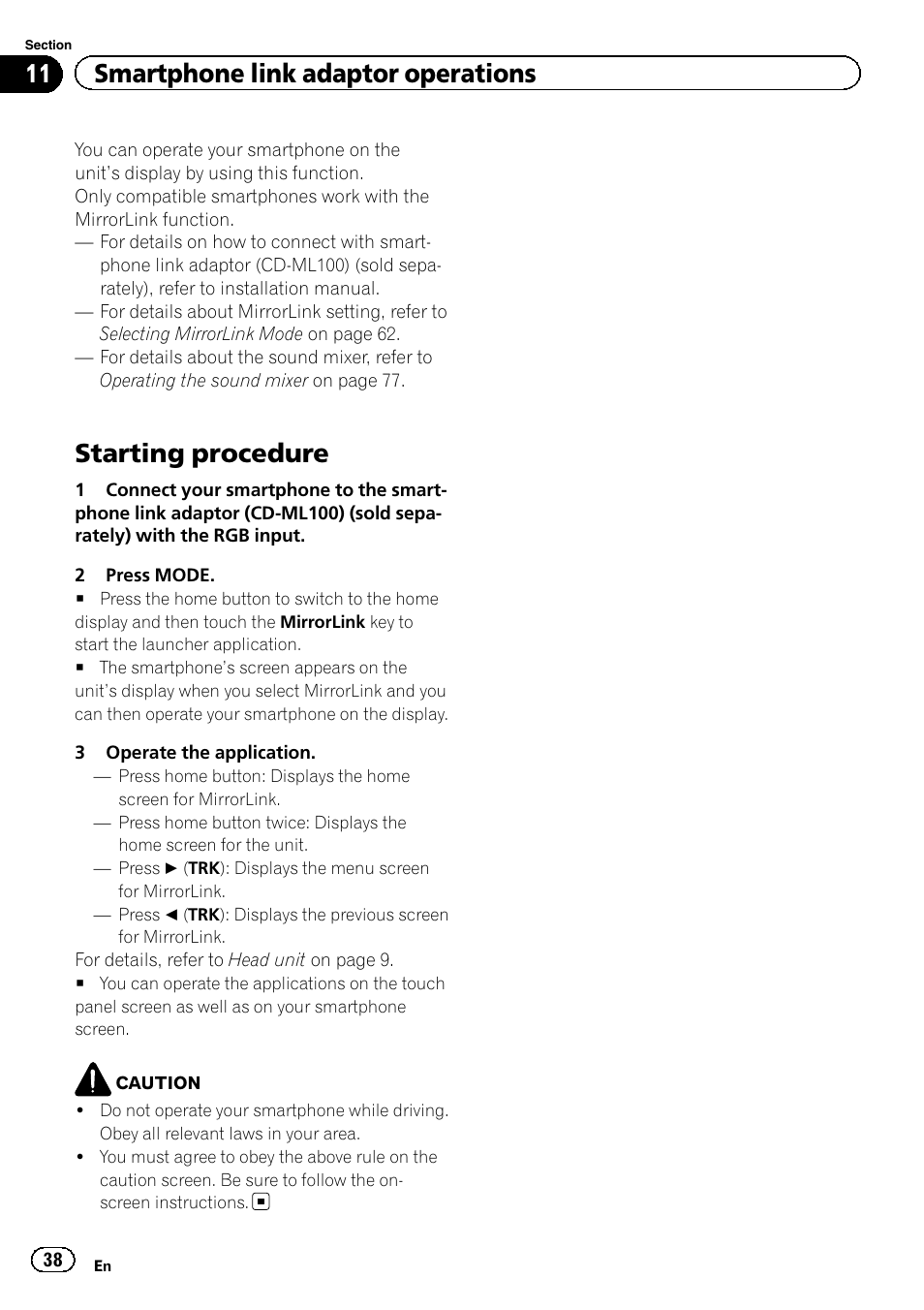 Starting procedure, 11 smartphone link adaptor operations | Pioneer AVH-X2600BT User Manual | Page 38 / 100