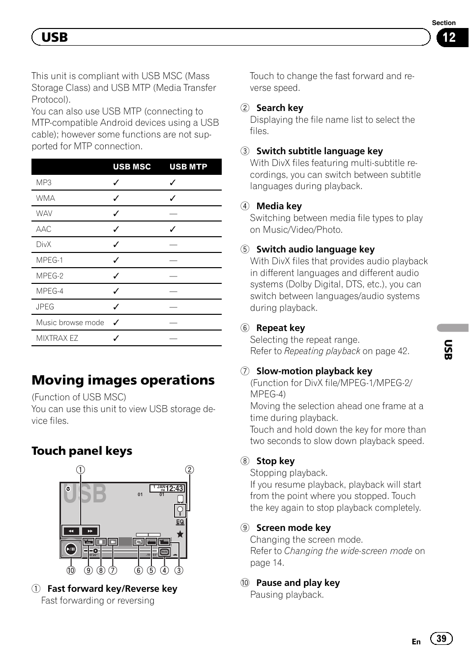 Usb moving images operations, Moving images operations, Touch panel keys | Pioneer AVH-X2600BT User Manual | Page 39 / 100
