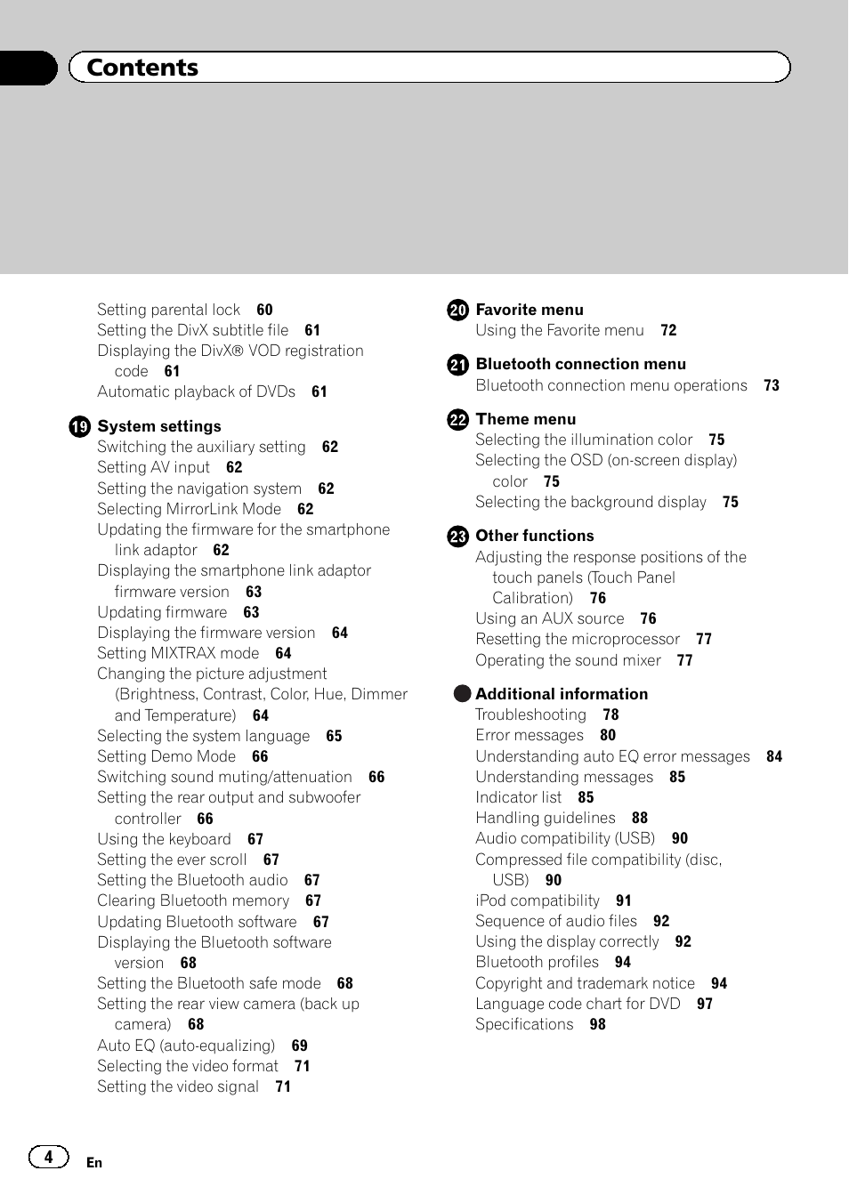 Pioneer AVH-X2600BT User Manual | Page 4 / 100