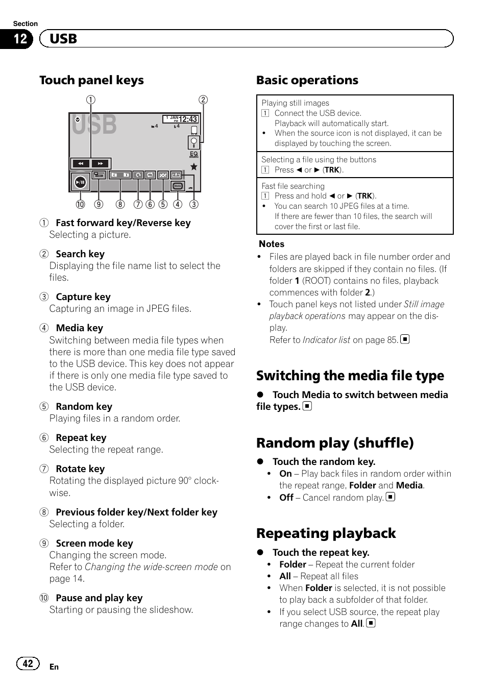 Switching the media file type, Random play (shuffle), Repeating playback | 12 usb, Touch panel keys, Basic operations | Pioneer AVH-X2600BT User Manual | Page 42 / 100
