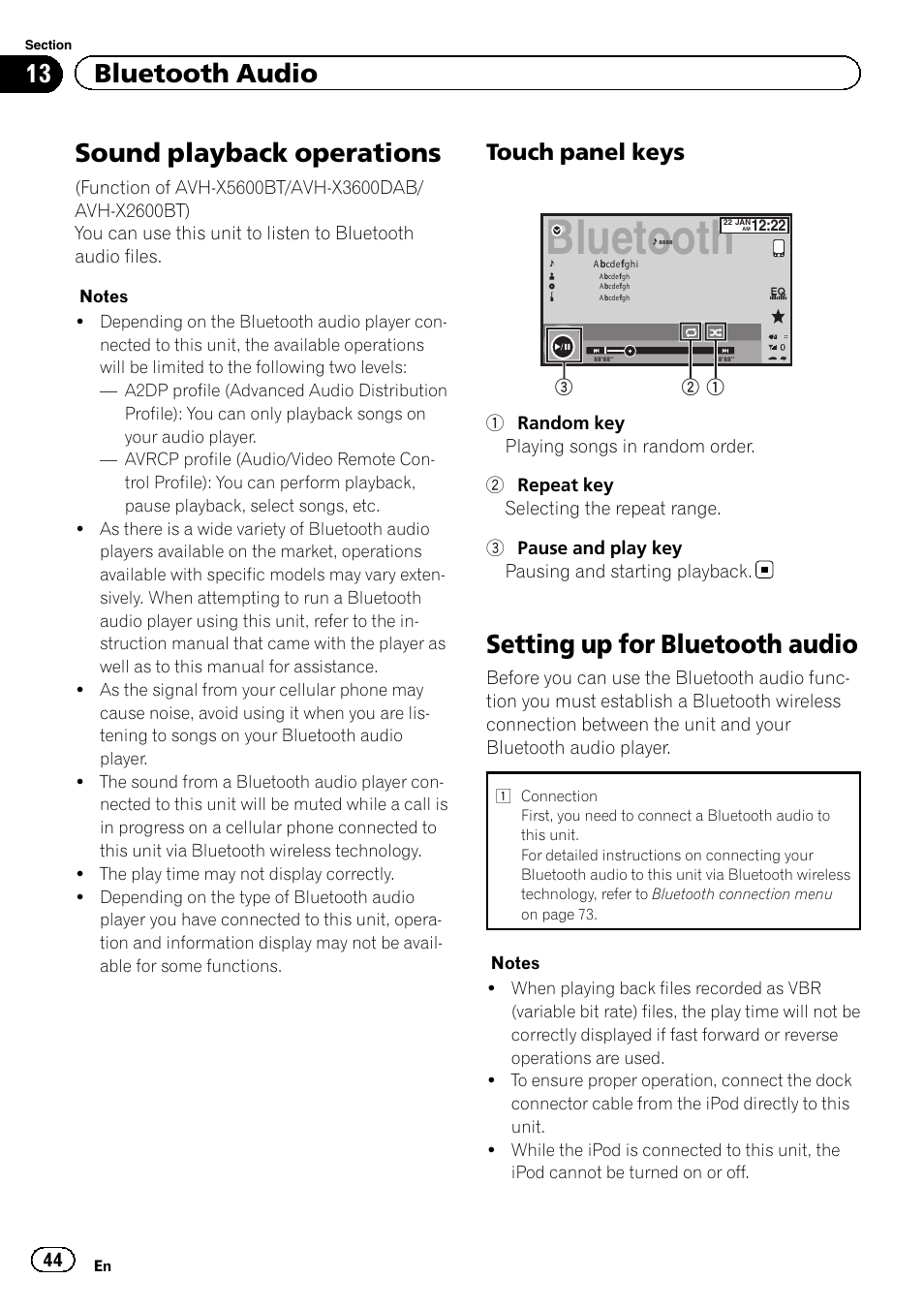 Bluetooth audio sound playback operations, Setting up for bluetooth audio, Bluetooth | Sound playback operations, 13 bluetooth audio, Touch panel keys | Pioneer AVH-X2600BT User Manual | Page 44 / 100