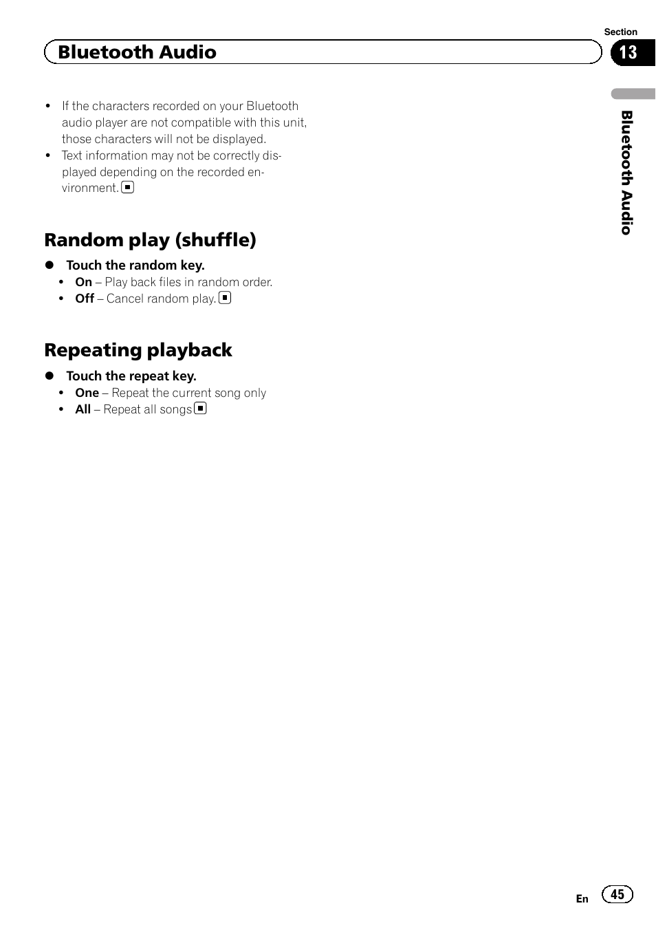 Random play (shuffle), Repeating playback, Bluetooth audio | Pioneer AVH-X2600BT User Manual | Page 45 / 100