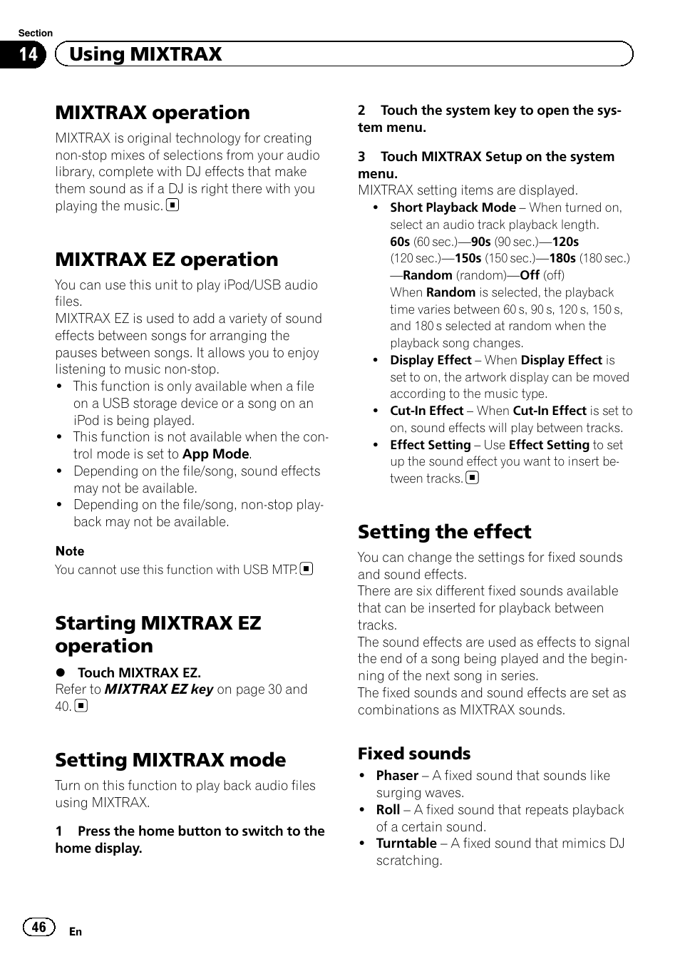 Using mixtrax mixtrax operation, Mixtrax ez operation, Starting mixtrax ez operation | Setting mixtrax mode, Setting the effect, Mixtrax operation, 14 using mixtrax | Pioneer AVH-X2600BT User Manual | Page 46 / 100