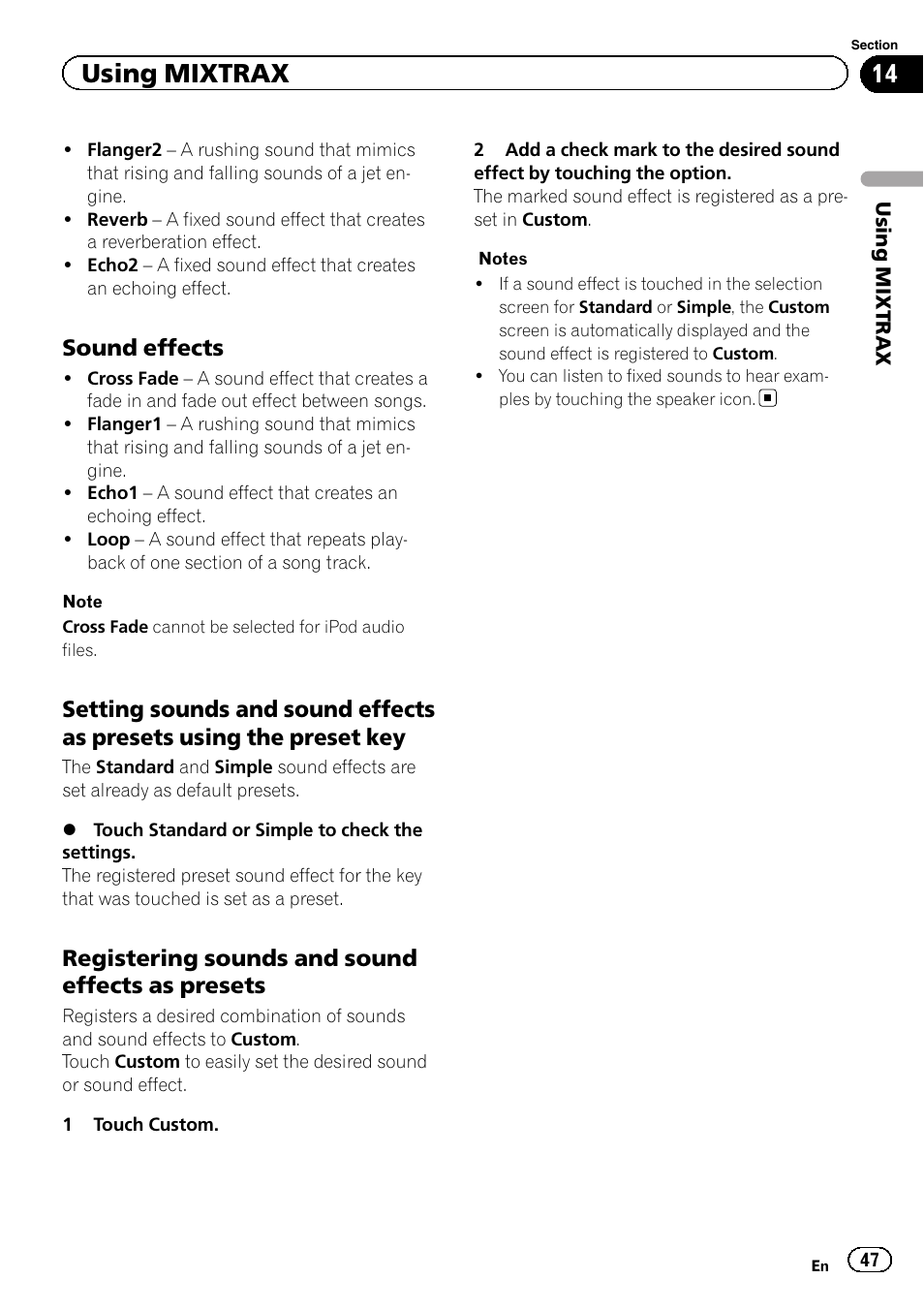 Using mixtrax, Sound effects, Registering sounds and sound effects as presets | Pioneer AVH-X2600BT User Manual | Page 47 / 100