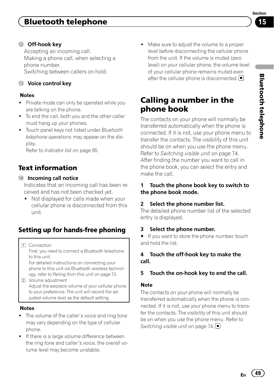 Calling a number in the phone book, Bluetooth telephone, Text information | Setting up for hands-free phoning | Pioneer AVH-X2600BT User Manual | Page 49 / 100