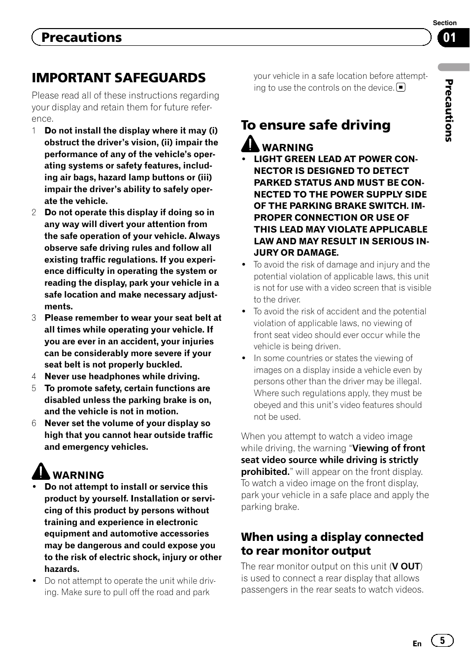 Precautions, Important safeguards, To ensure safe driving | Pioneer AVH-X2600BT User Manual | Page 5 / 100
