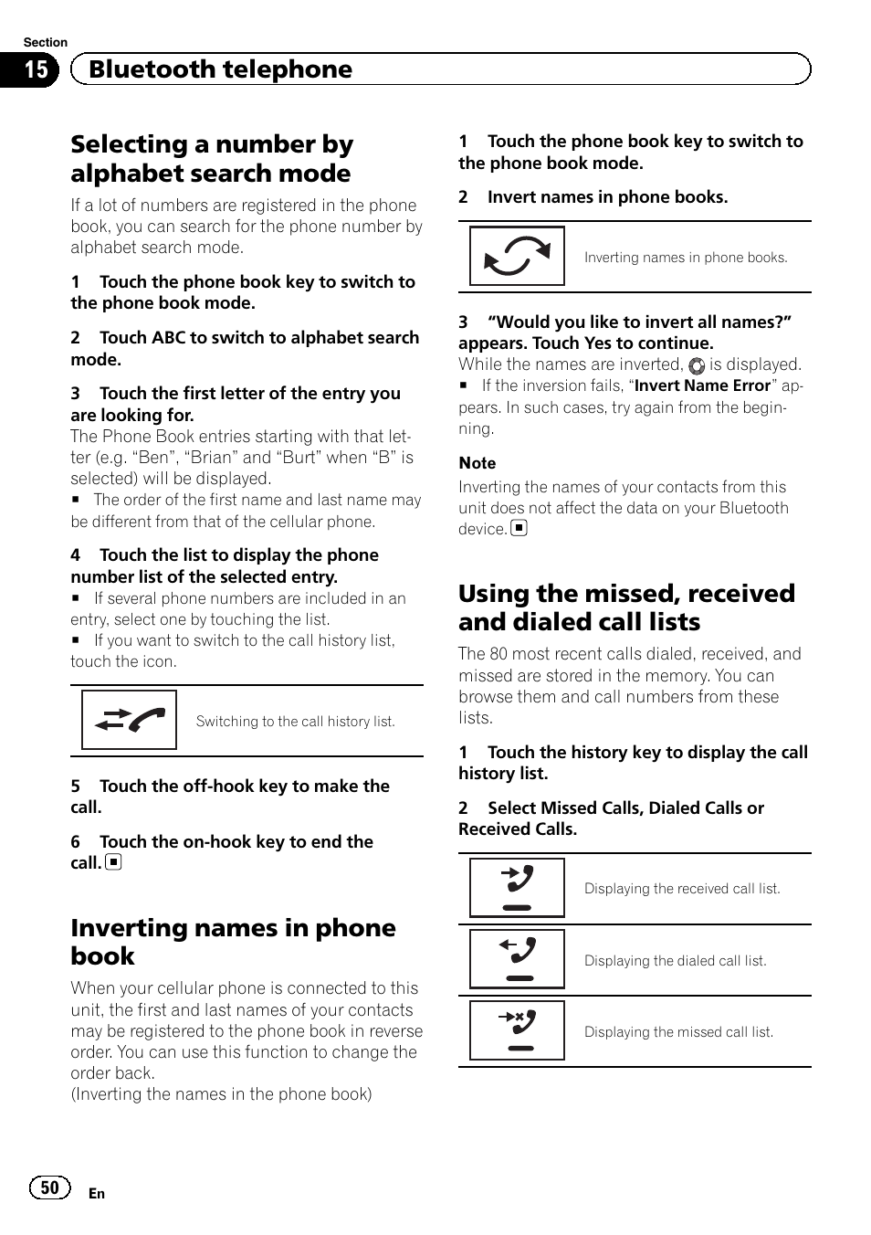 Selecting a number by alphabet search, Mode, Inverting names in phone book | Using the missed, received and dialed call, Lists, Selecting a number by alphabet search mode, Using the missed, received and dialed call lists, 15 bluetooth telephone | Pioneer AVH-X2600BT User Manual | Page 50 / 100