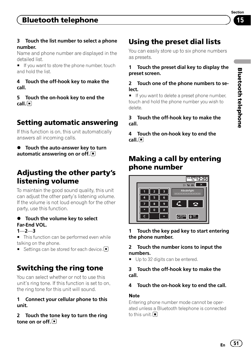 Setting automatic answering, Adjusting the other party, S listening | Volume, Switching the ring tone, Using the preset dial lists, Making a call by entering phone number, Adjusting the other party ’s listening volume, Bluetooth telephone | Pioneer AVH-X2600BT User Manual | Page 51 / 100