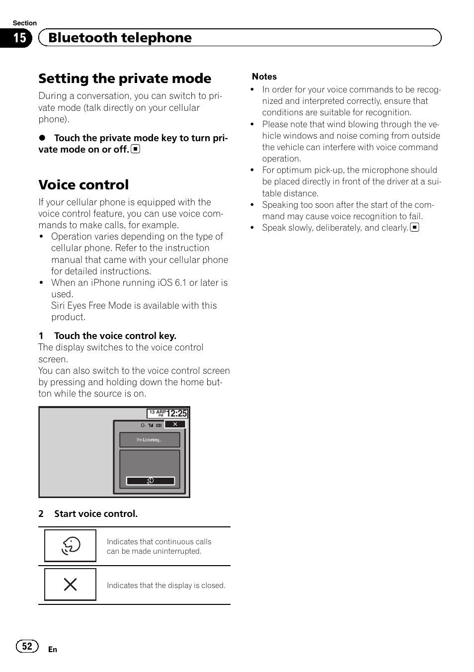 Setting the private mode, Voice control, 15 bluetooth telephone | Pioneer AVH-X2600BT User Manual | Page 52 / 100