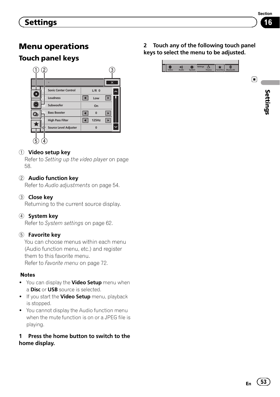 Settings menu operations, Menu operations, Touch panel keys | Settings | Pioneer AVH-X2600BT User Manual | Page 53 / 100