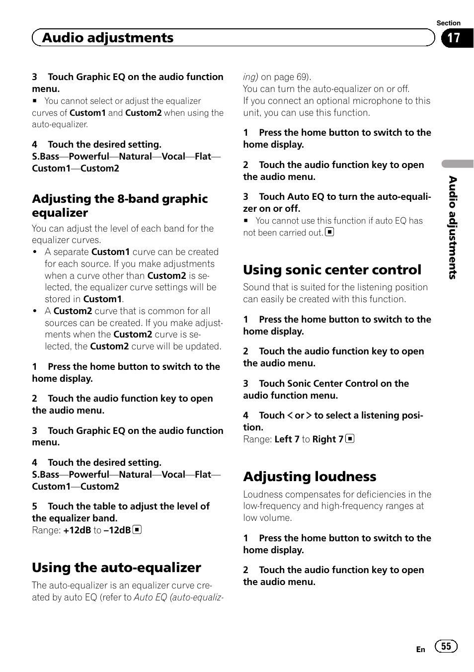 Using the auto-equalizer, Using sonic center control, Adjusting loudness | Audio adjustments, Adjusting the 8-band graphic equalizer | Pioneer AVH-X2600BT User Manual | Page 55 / 100