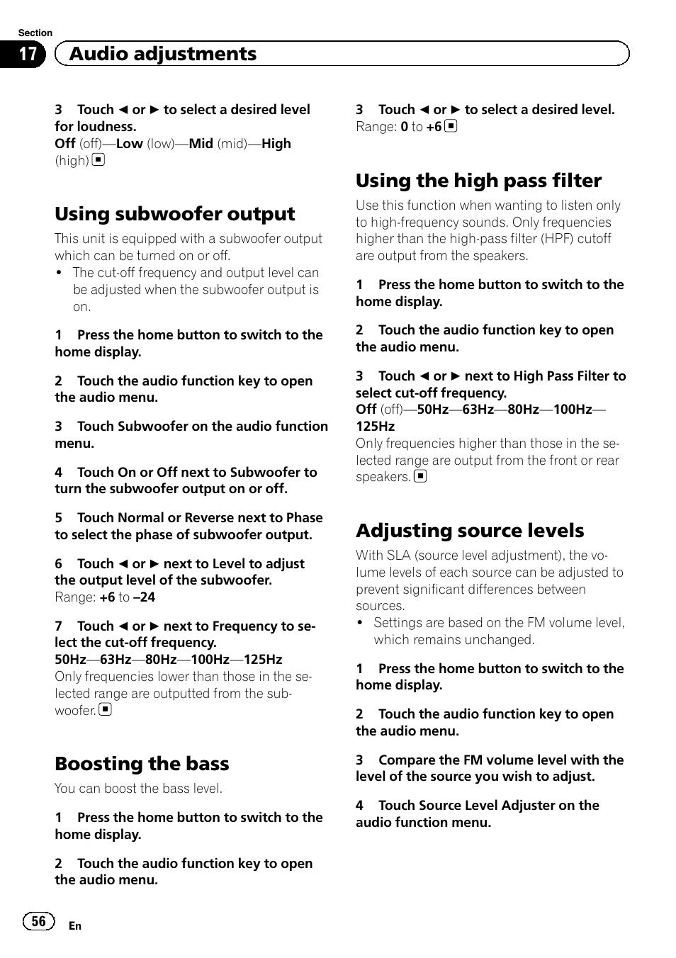 Using subwoofer output, Boosting the bass, Using the high pass filter | Adjusting source levels, 17 audio adjustments | Pioneer AVH-X2600BT User Manual | Page 56 / 100