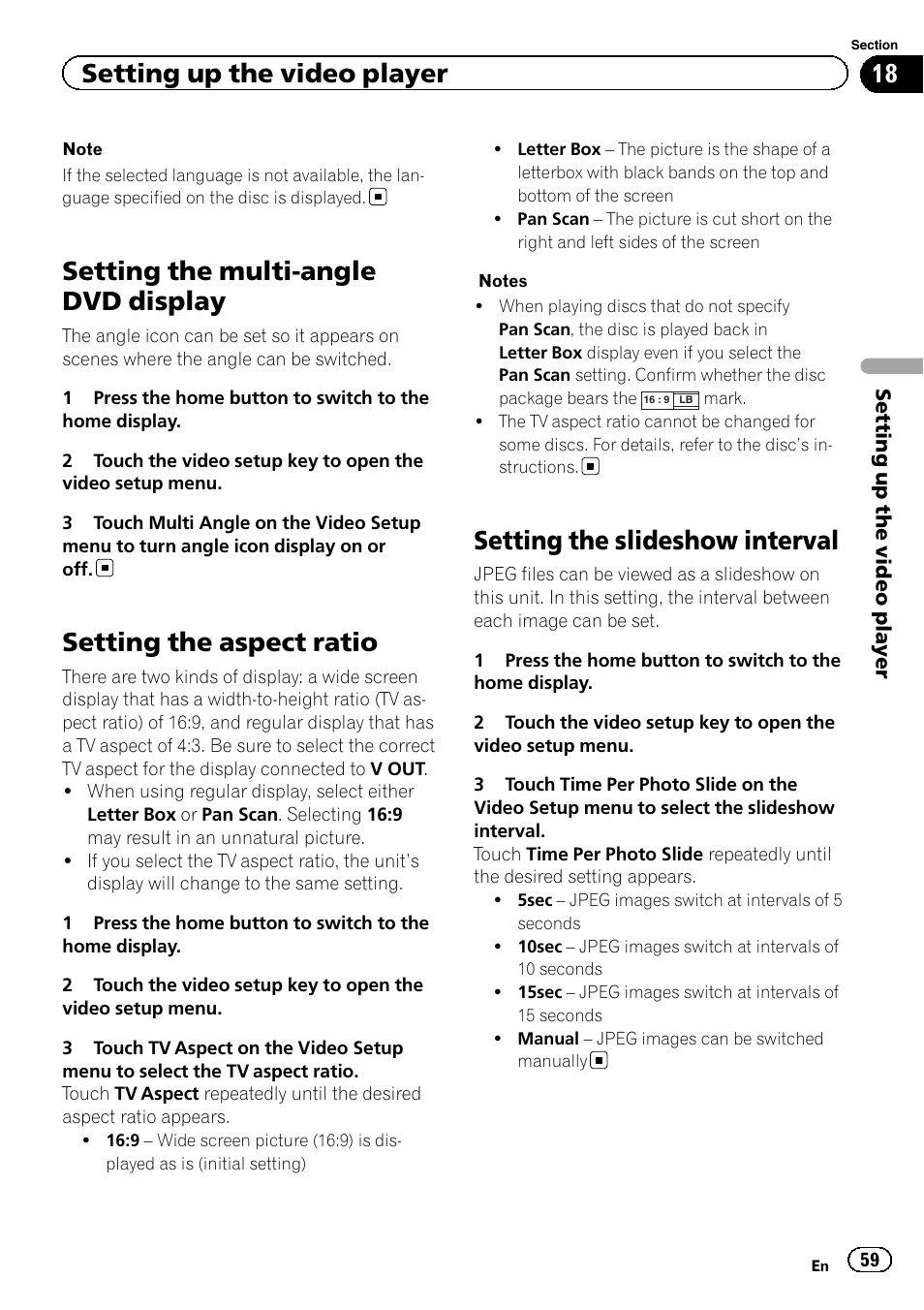 Setting the multi-angle dvd display, Setting the aspect ratio, Setting the slideshow interval | Setting up the video player | Pioneer AVH-X2600BT User Manual | Page 59 / 100
