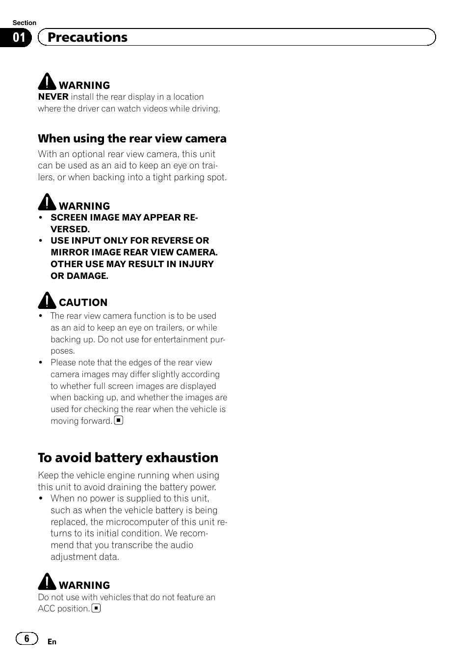 To avoid battery exhaustion, 01 precautions, When using the rear view camera | Pioneer AVH-X2600BT User Manual | Page 6 / 100