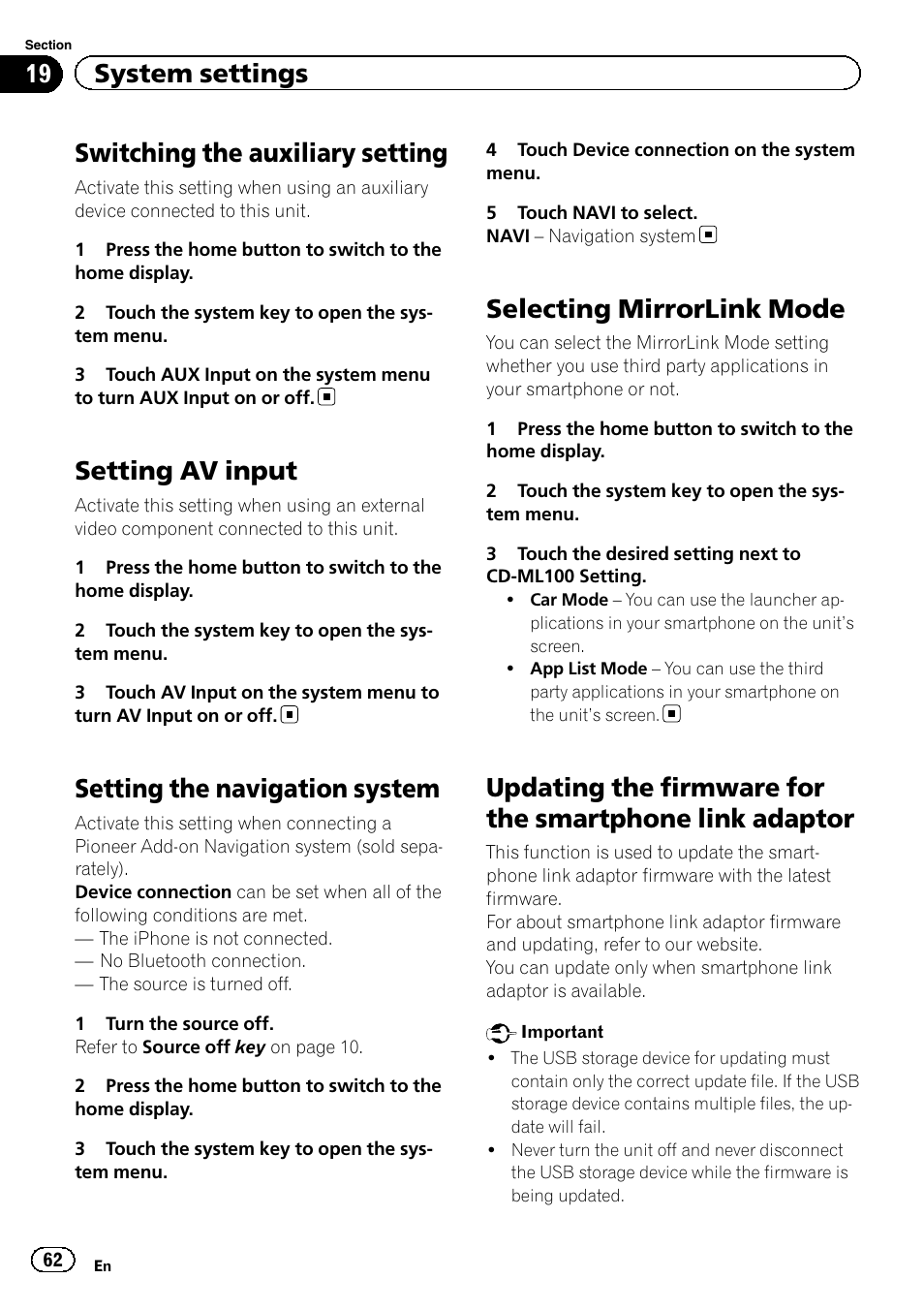 System settings switching the auxiliary setting, Setting av input, Setting the navigation system | Selecting mirrorlink mode, Updating the firmware for the smartphone, Link adaptor, Switching the auxiliary setting, 19 system settings | Pioneer AVH-X2600BT User Manual | Page 62 / 100