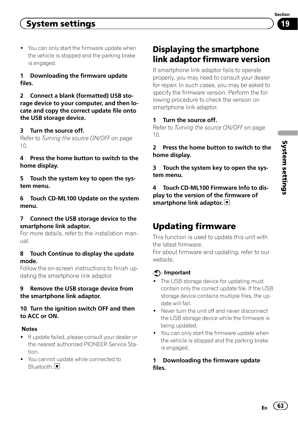 Displaying the smartphone link adaptor, Firmware version, Updating firmware | System settings | Pioneer AVH-X2600BT User Manual | Page 63 / 100