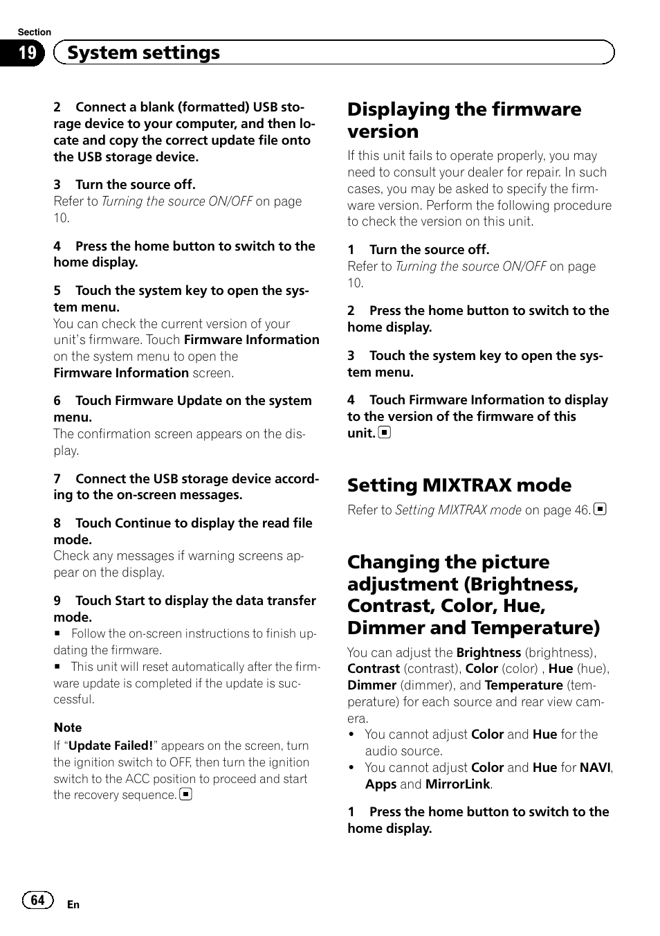 Displaying the firmware version, Setting mixtrax mode, Changing the picture adjustment | 19 system settings | Pioneer AVH-X2600BT User Manual | Page 64 / 100